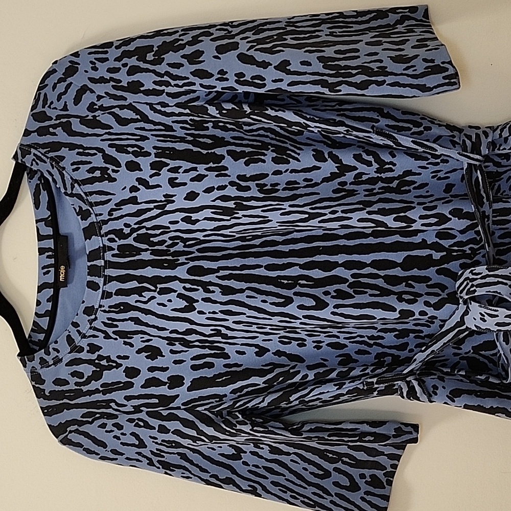 Maje Blue Black Animal Print Short Sleeve Mini Belted Dress Small - Picture 4 of 16